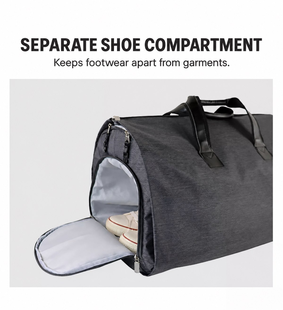 Separate shoe compartment on a custom garment duffel bag