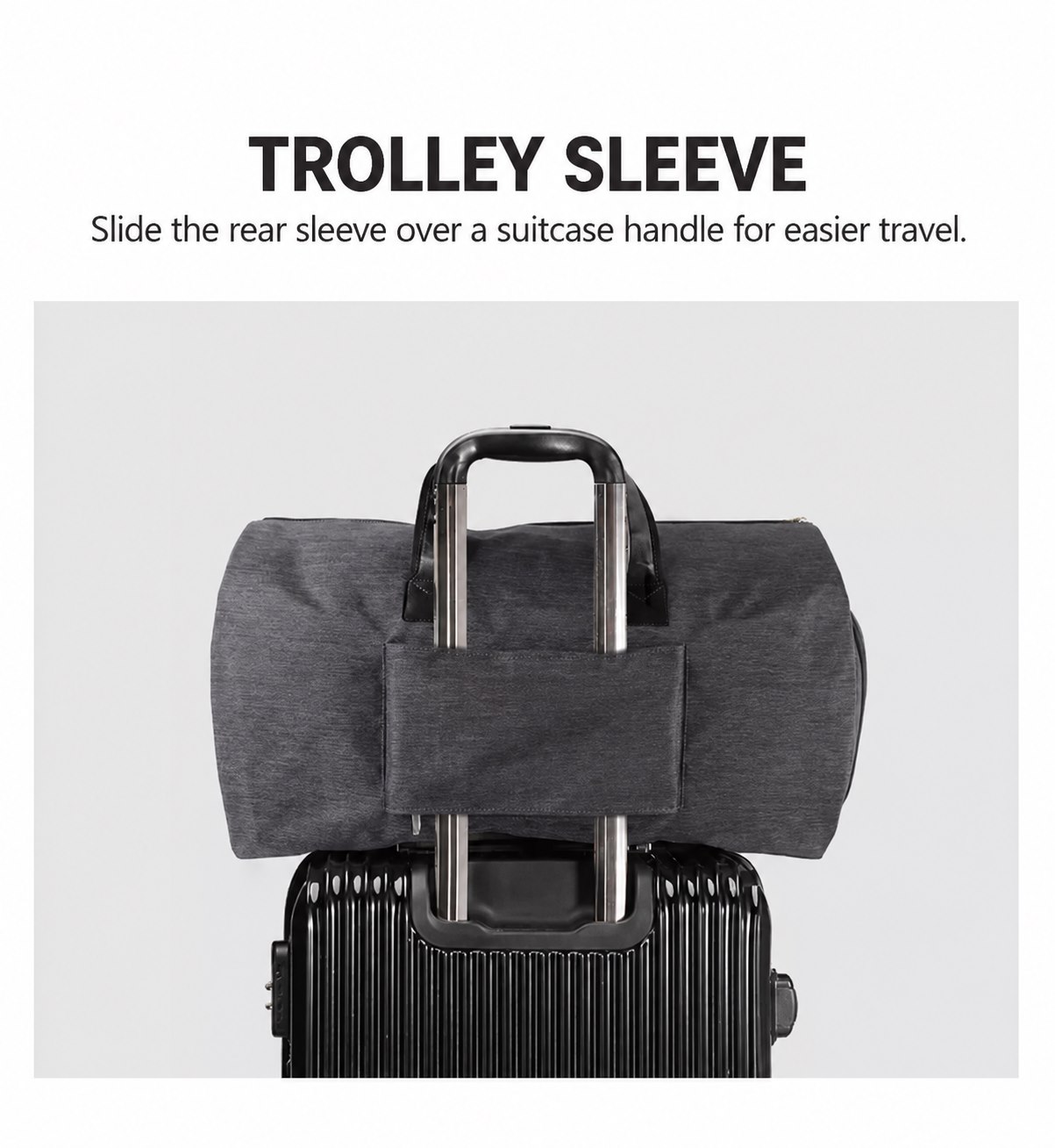 Rear trolley sleeve on a business garment duffel bag